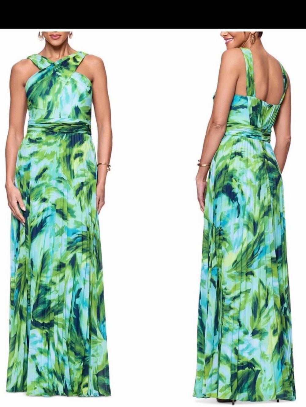Xscape NWT Green Blue Abstract Pleated Maxi Dress Criss Cross Formal Gown Siz 10